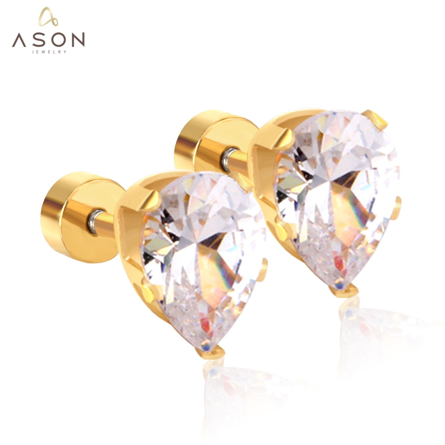 ASON 6mm Water Drop Cubic Zirconia Screw Piercing Stud Earring for Women Gold Color Stainless Steel Earring Fashion Jewelry asonjewelry